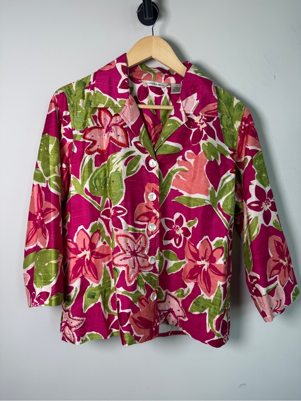 Laura Ashley Floral Silk Embroidered Beaded Jacket Botanical Pink Maximalist M